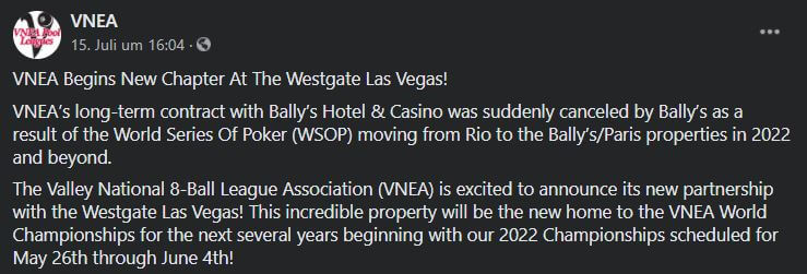 VNEA vaza que o WSOP acontecerá no Bally's a partir de 2022