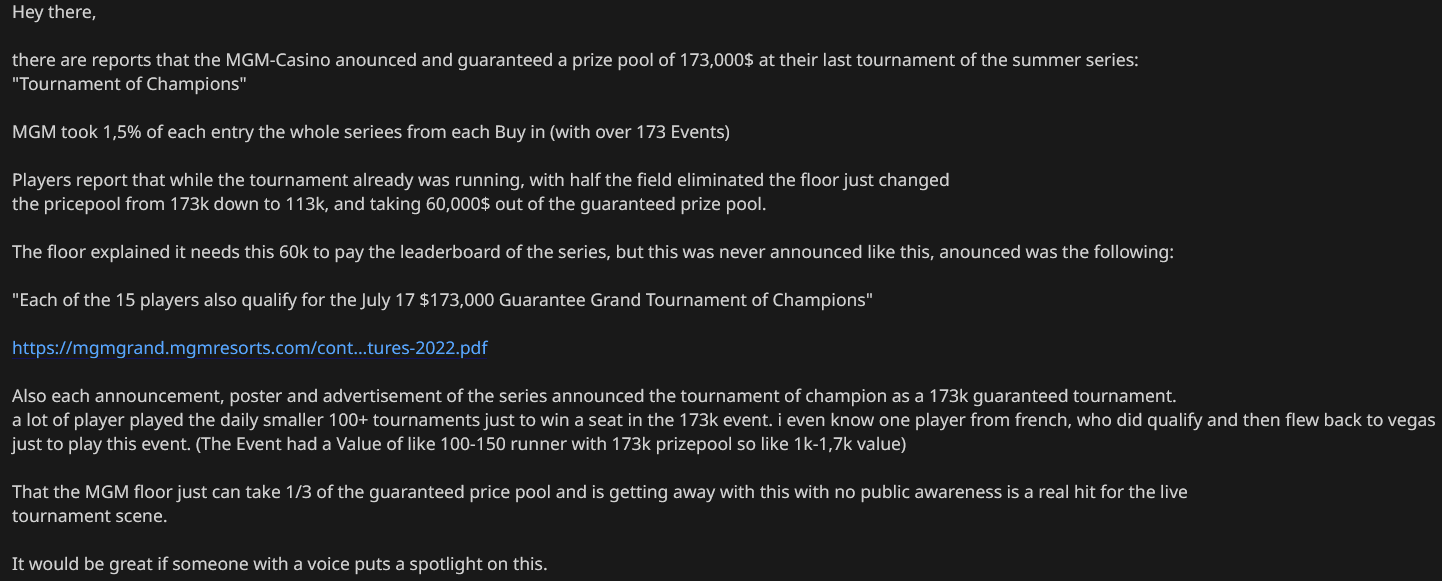 MGM Grand Refuses to Pay Out Guaranteed Prize Pool in Poker Tournament