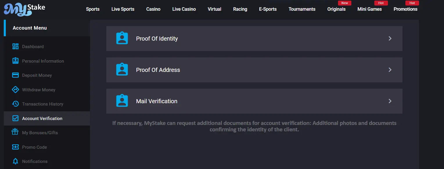 mystake casino account verification