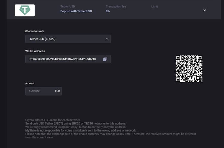 Depositing money into your MyStake account using the cryptcurrency Tether