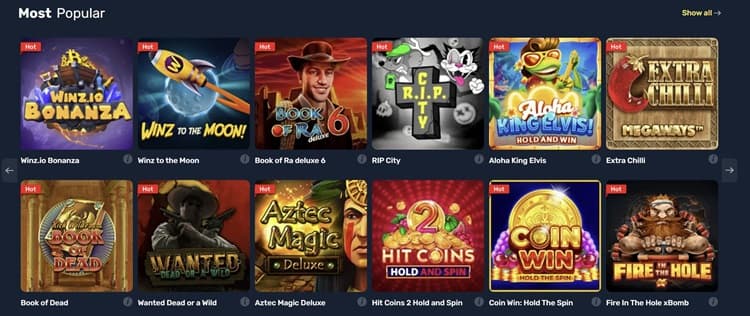 Most popular casino slots at Winz.io