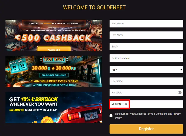 goldenbet promo code registration