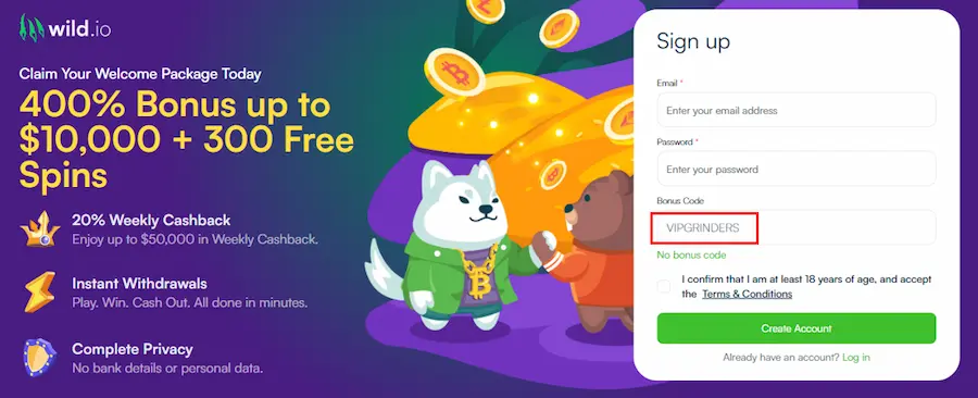 wild.io casino bonus code registration