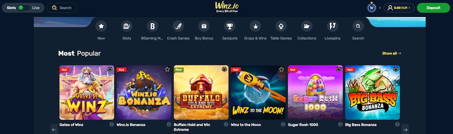 winzio casino games selection