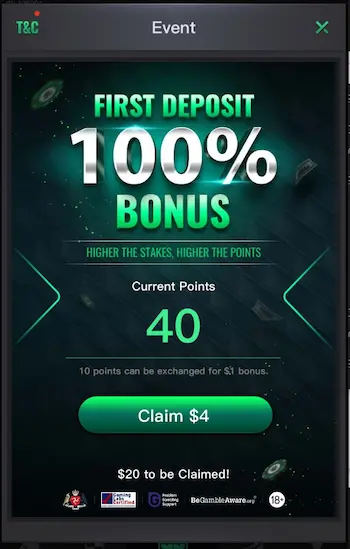 kkpoker bonus first deposit claim