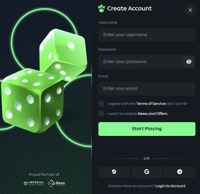 creating an account at gamdom casino